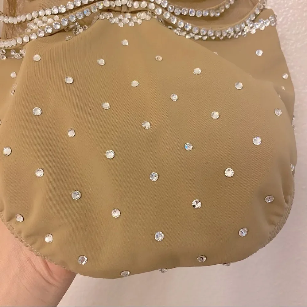 LA dance solo custom tan nude beige illusion leotard costume bedazzled bling LC